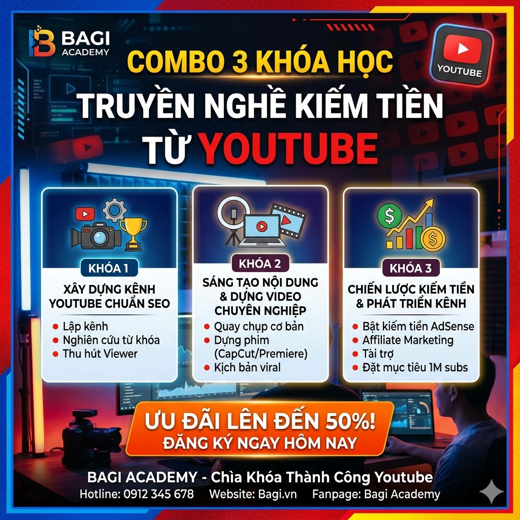 Combo 3 khóa học truyền nghề kiếm tiền YouTube – Làm chủ thu nhập online cùng Bagi Academy